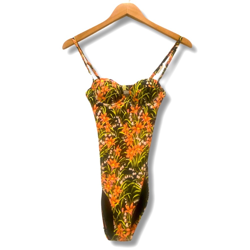 Top Shop Floral, backless bathing suit with gold detail on straps and back.